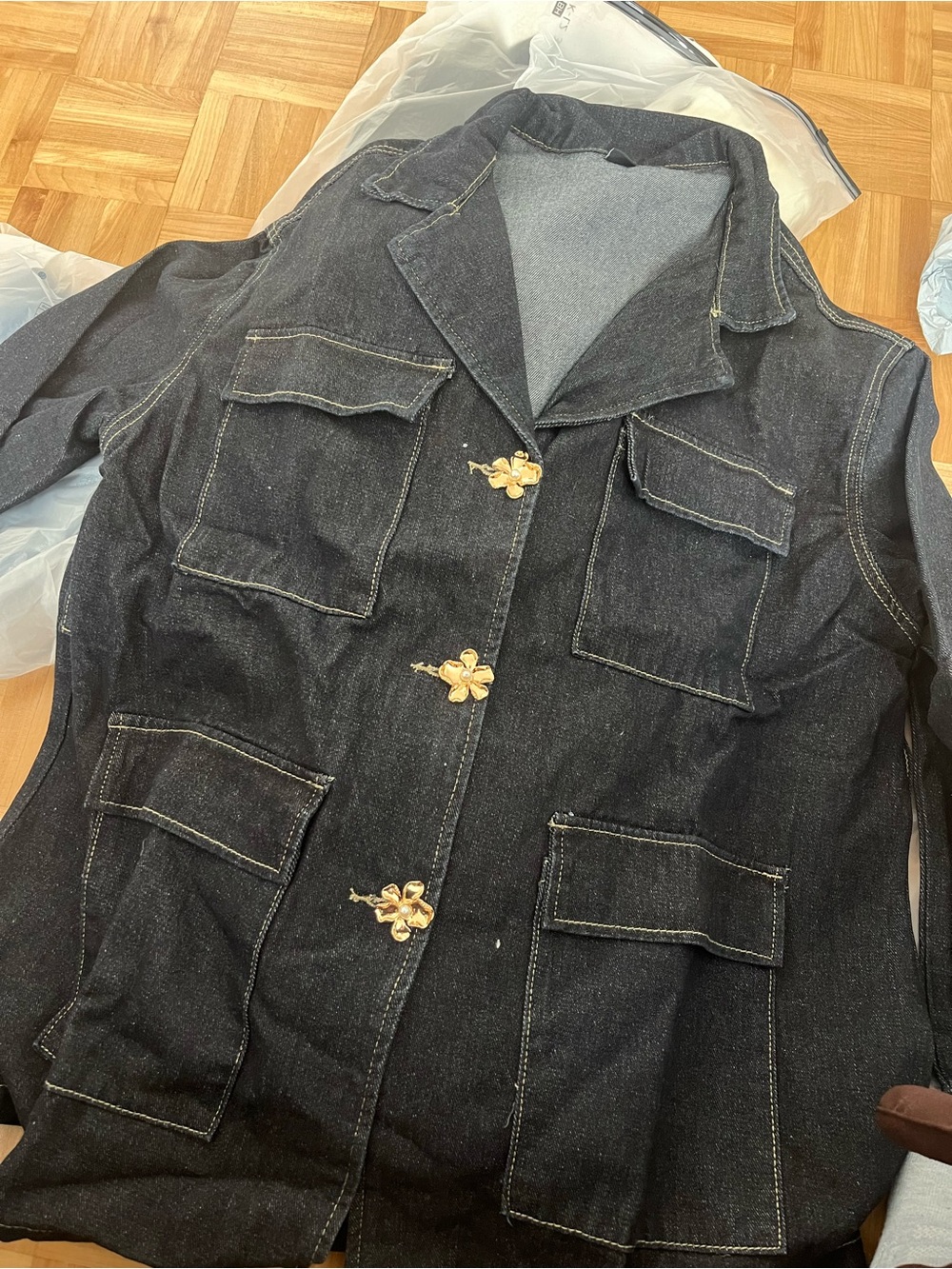 Black Women's Denim Jacket with Gold Flower Buttons